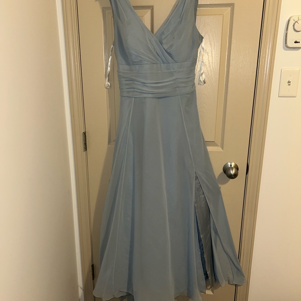 David's Bridal Blue Ruched Wrap Sundress for Wedding Guest